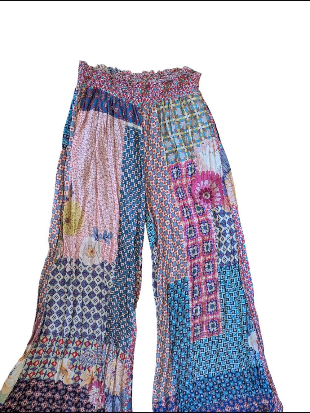 Johnny Was Patchwork Wide-Leg Pants in Blue & Pink - Picture 7 of 10